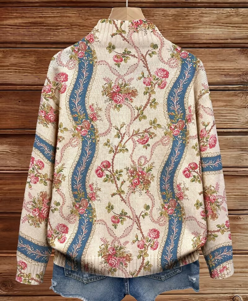 Ivory zip cardigan with pink climbing roses, blue ribbon bands and gold scrollwork detailing
