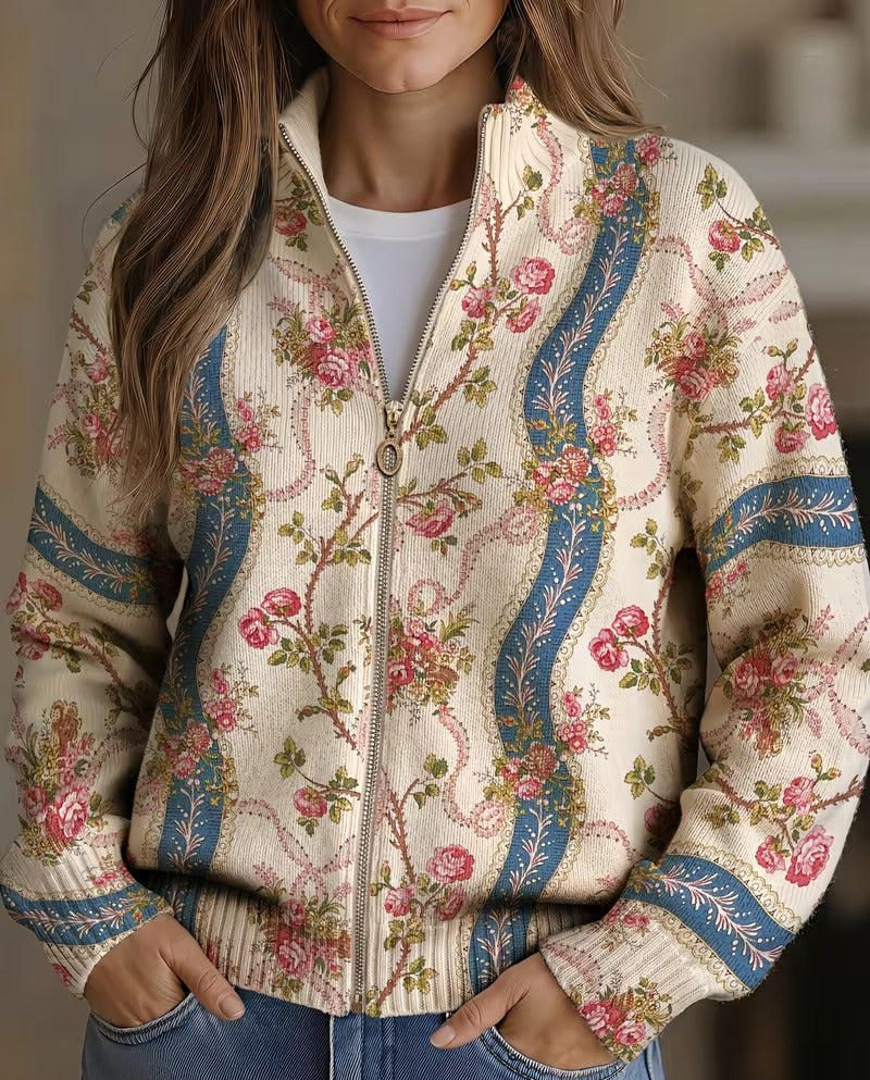 Ivory zip cardigan with pink climbing roses, blue ribbon bands and gold scrollwork detailing