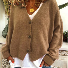 Women's V-neck button-front knit cardigan with long sleeves in a relaxed, slightly cropped fit