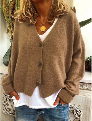 Women's V-neck button-front knit cardigan with long sleeves in a relaxed, slightly cropped fit