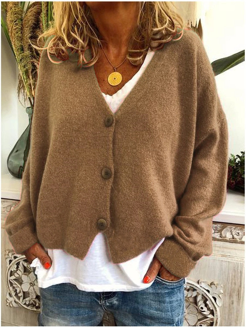 Women's V-neck button-front knit cardigan with long sleeves in a relaxed, slightly cropped fit