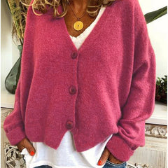 Women's V-neck button-front knit cardigan with long sleeves in a relaxed, slightly cropped fit