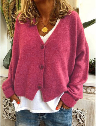 Women's V-neck button-front knit cardigan with long sleeves in a relaxed, slightly cropped fit