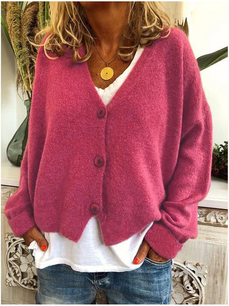 Women's V-neck button-front knit cardigan with long sleeves in a relaxed, slightly cropped fit