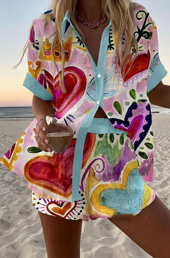 Women's heart print coordinated set with button-down shirt and elasticated shorts and blue trim
