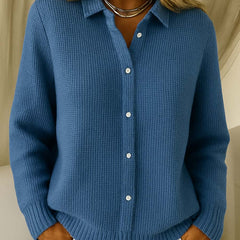 Women's collared button-front long sleeve sweater with ribbed cuffs and hemline
