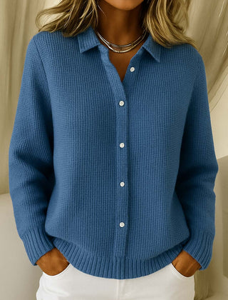Women's collared button-front long sleeve sweater with ribbed cuffs and hemline
