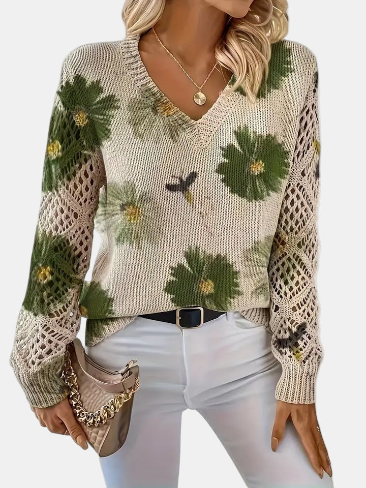 Delphine | Floral Knit V-Neck Sweater