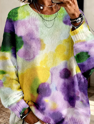 Purple tie-dye floral round-neck sweater with relaxed fit and long sleeves