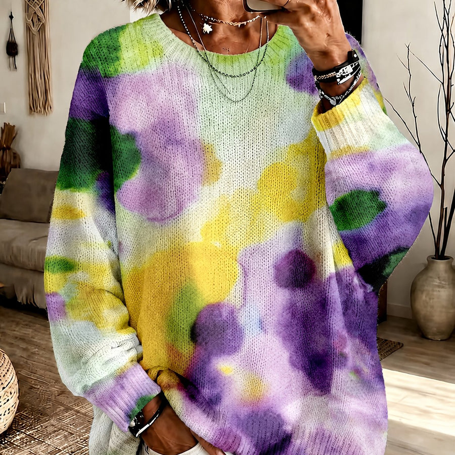 Purple tie-dye floral round-neck sweater with relaxed fit and long sleeves