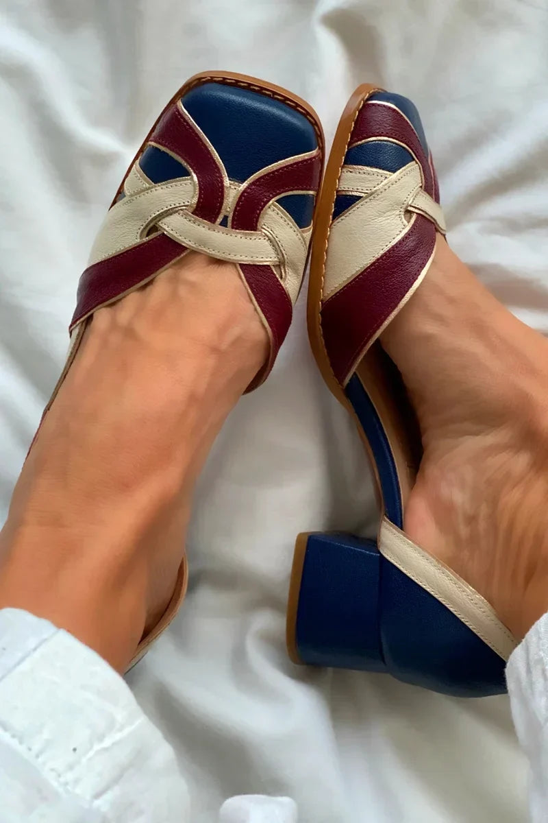 Tri-color woven slip-on flats in burgundy and blue with intricate weaving detail