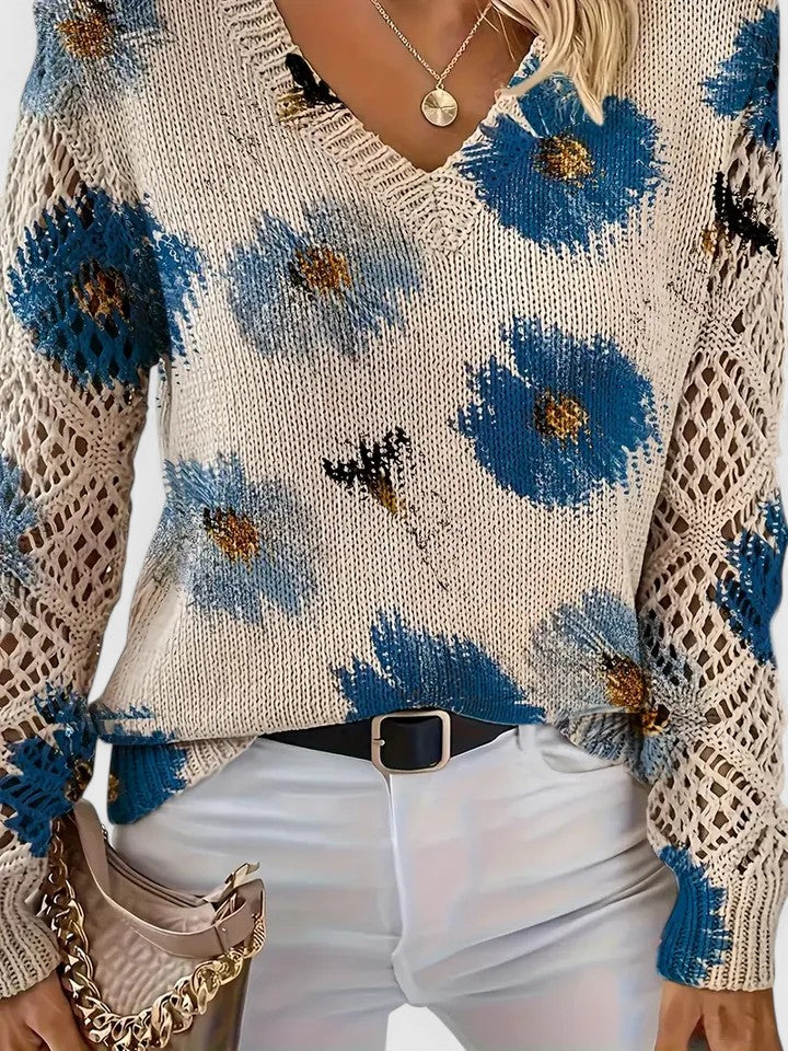 Delphine | Floral Knit V-Neck Sweater