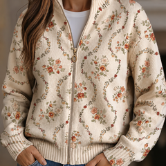 Cream zip-front cardigan with delicate peach, rust and sage floral vine print