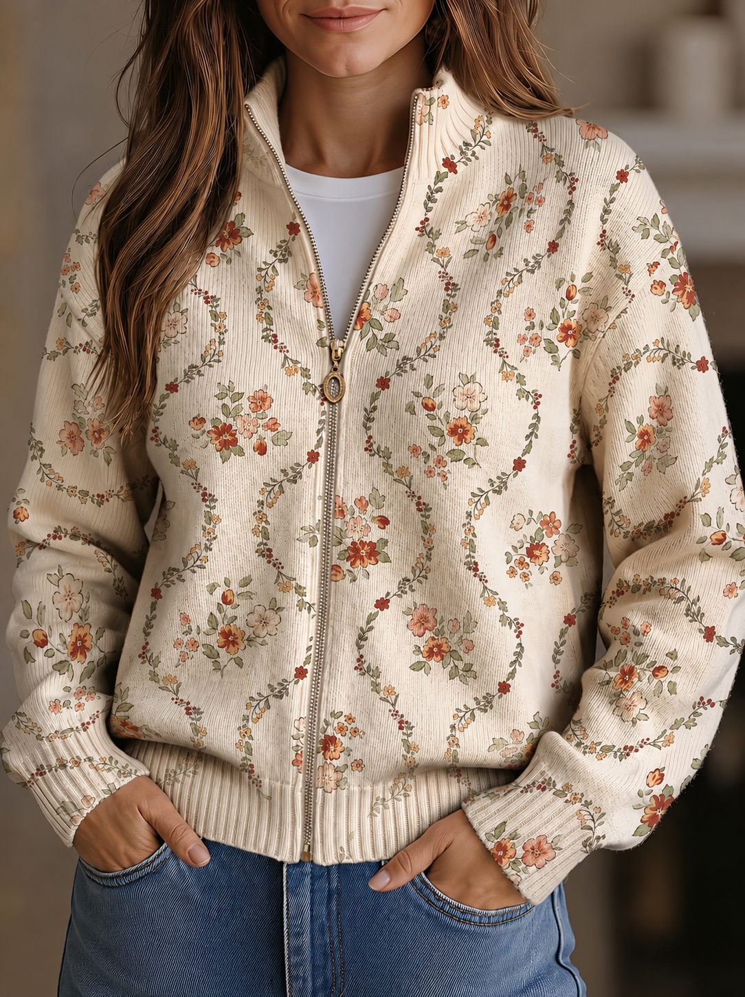 Cream zip-front cardigan with delicate peach, rust and sage floral vine print