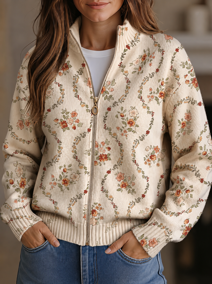 Cream zip-front cardigan with delicate peach, rust and sage floral vine print