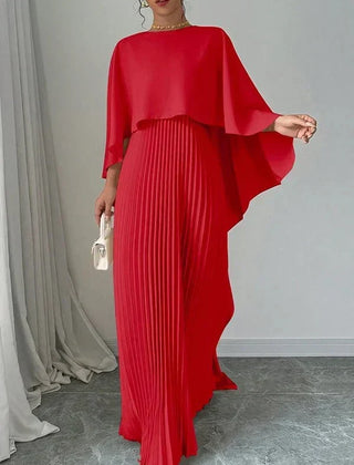 Elegant pleated cape maxi dress with flowing overlay and floor-length skirt