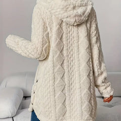 Women's hooded longline cardigan with button-front closure and raised textured surface