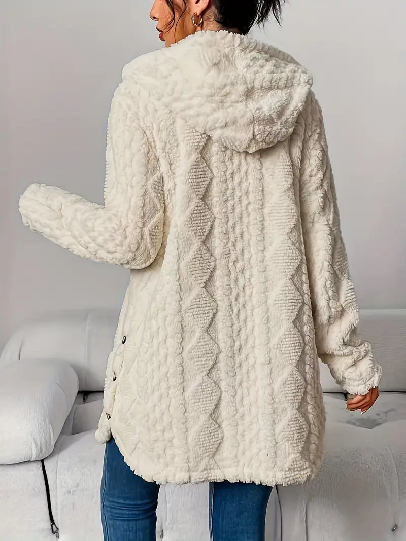 Women's hooded longline cardigan with button-front closure and raised textured surface