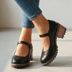 Marie T-strap Mary Jane heels with buckle closure, shown in black, brown and khaki