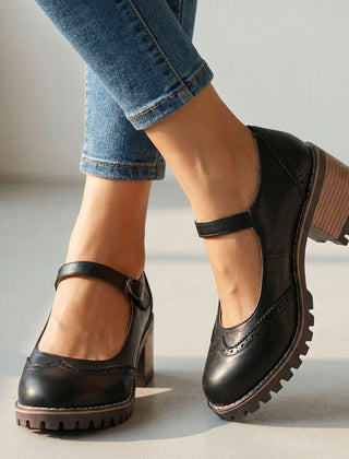 Marie T-strap Mary Jane heels with buckle closure, shown in black, brown and khaki