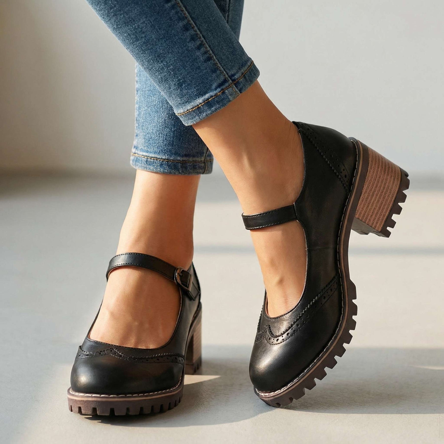 Marie T-strap Mary Jane heels with buckle closure, shown in black, brown and khaki
