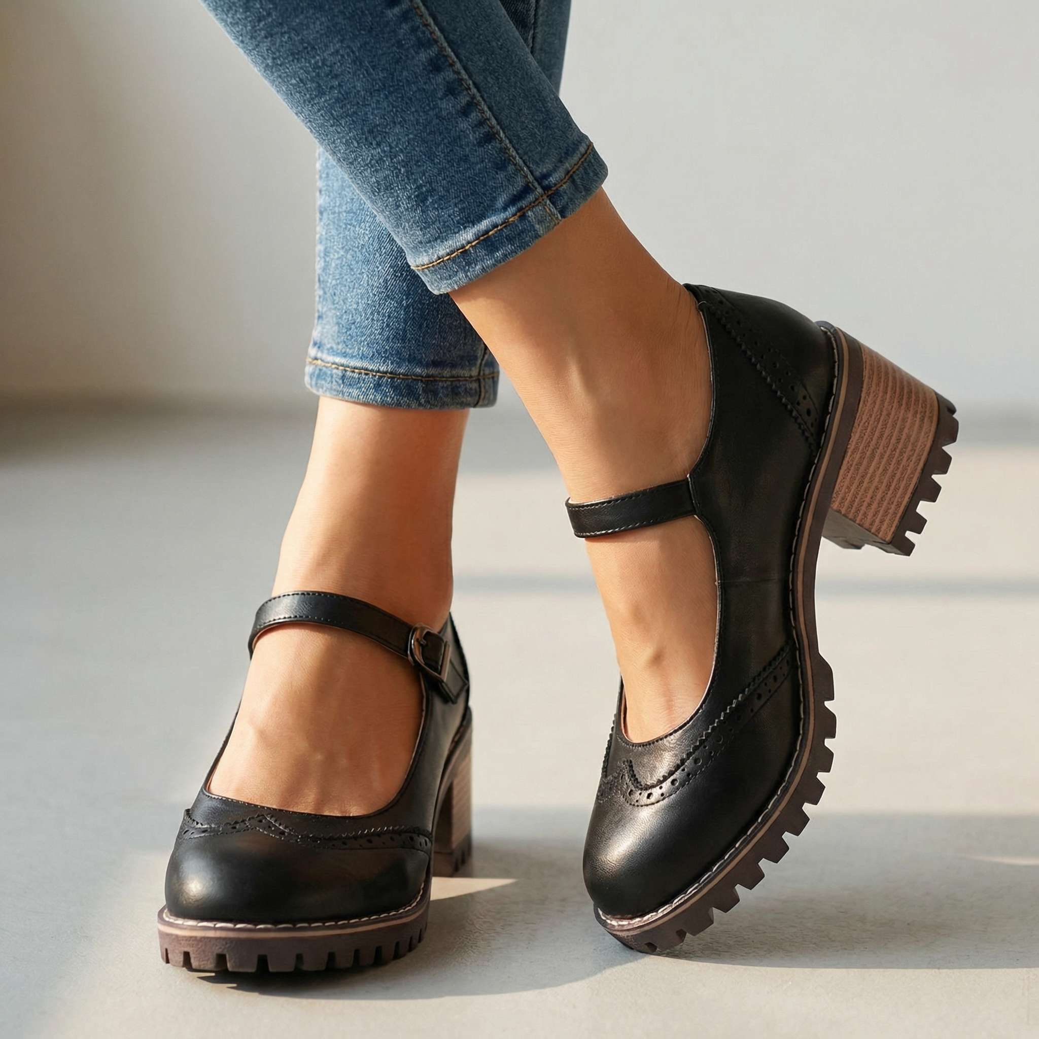 Marie T-strap Mary Jane heels with buckle closure, shown in black, brown and khaki