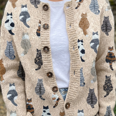 Women's cozy cat print knit cardigan with button-front closure in beige, pink and blue