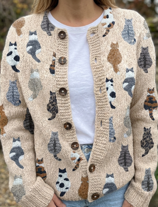 Women's cozy cat print knit cardigan with button-front closure in beige, pink and blue