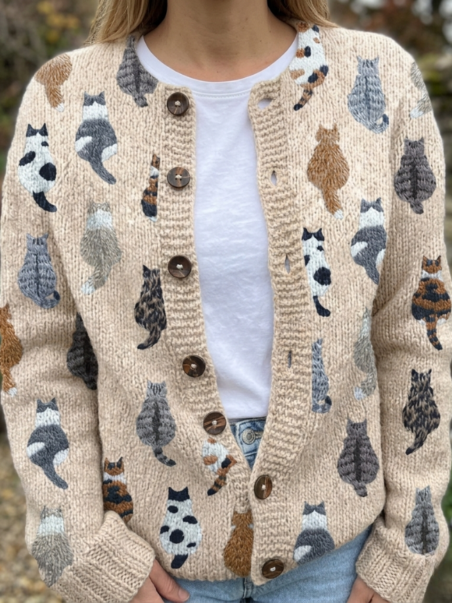 Women's cozy cat print knit cardigan with button-front closure in beige, pink and blue