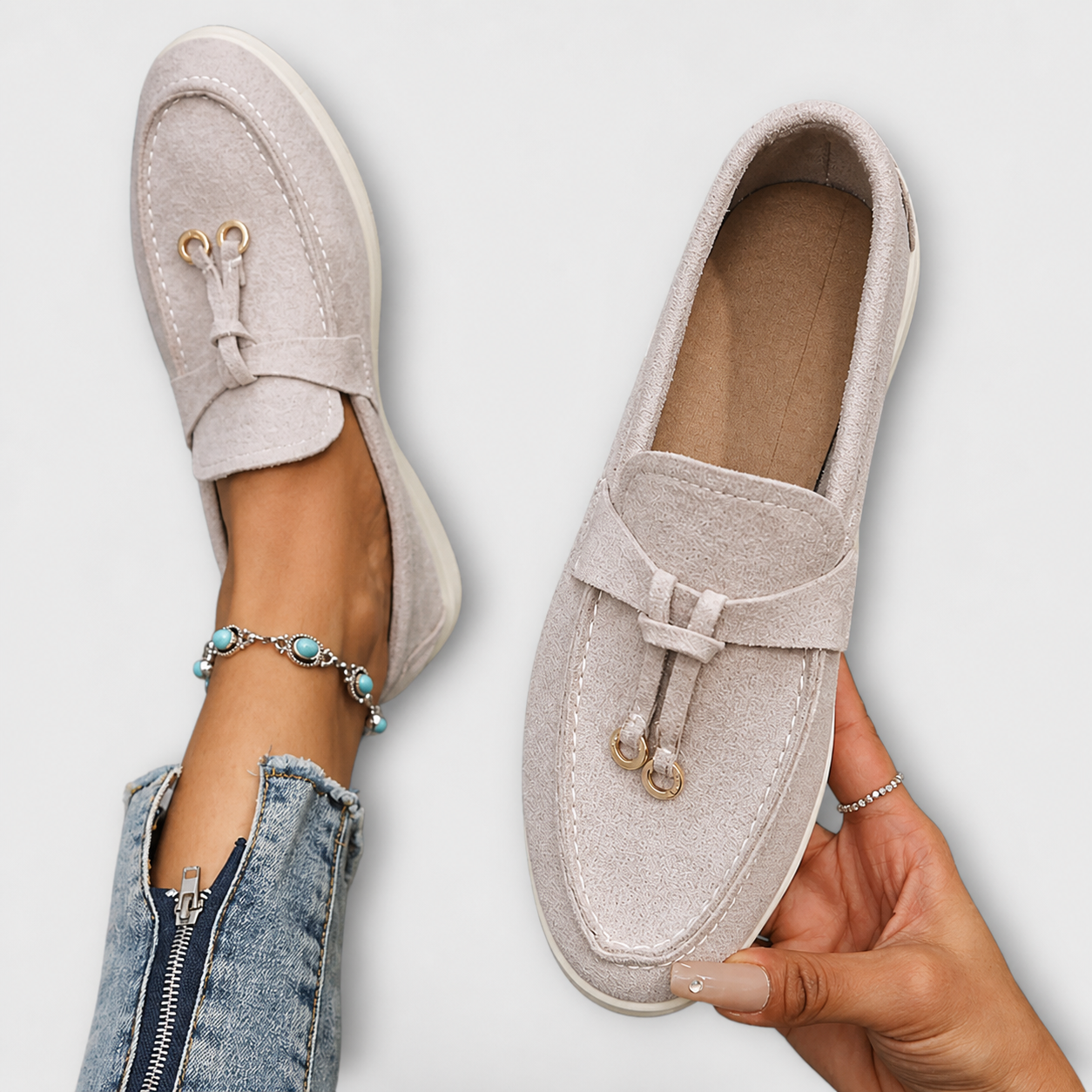 Elegant slip-on loafers shown in several neutral and colour options