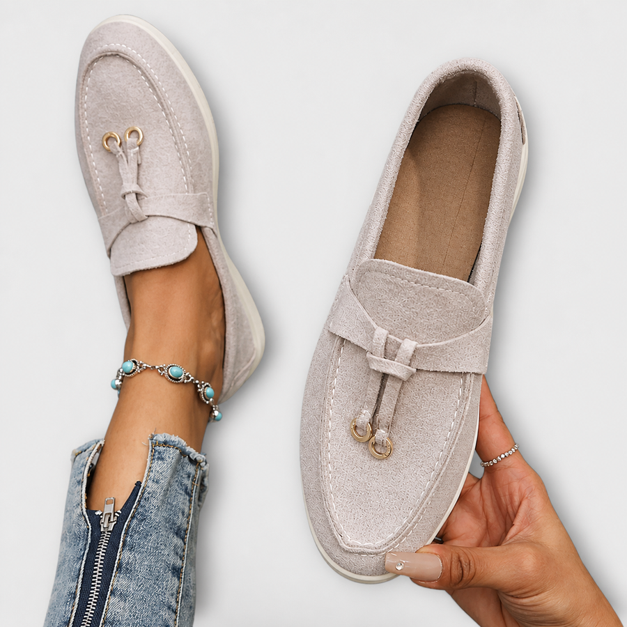 Elegant slip-on loafers shown in several neutral and colour options