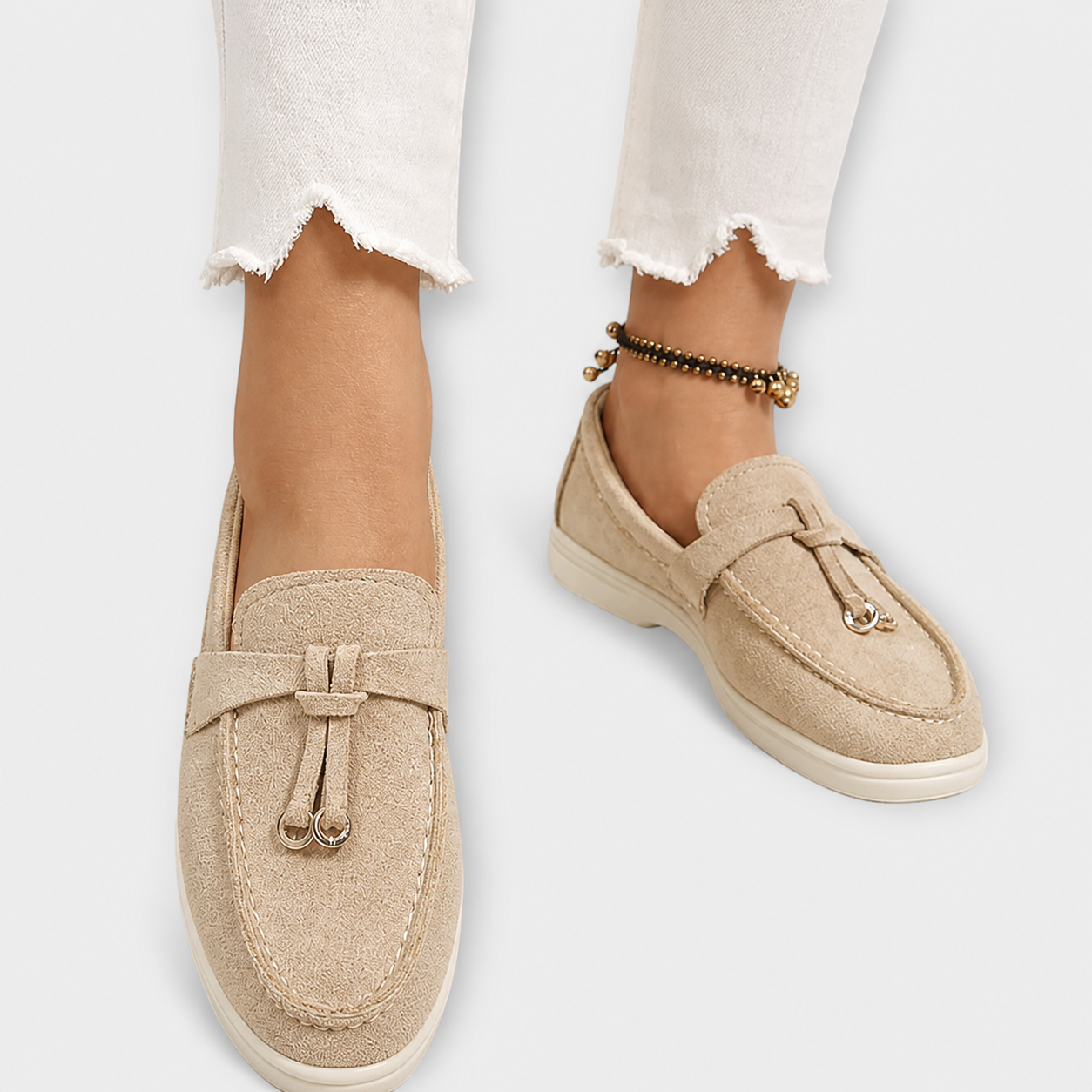 Elegant slip-on loafers shown in several neutral and colour options