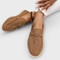 Elegant slip-on loafers shown in several neutral and colour options