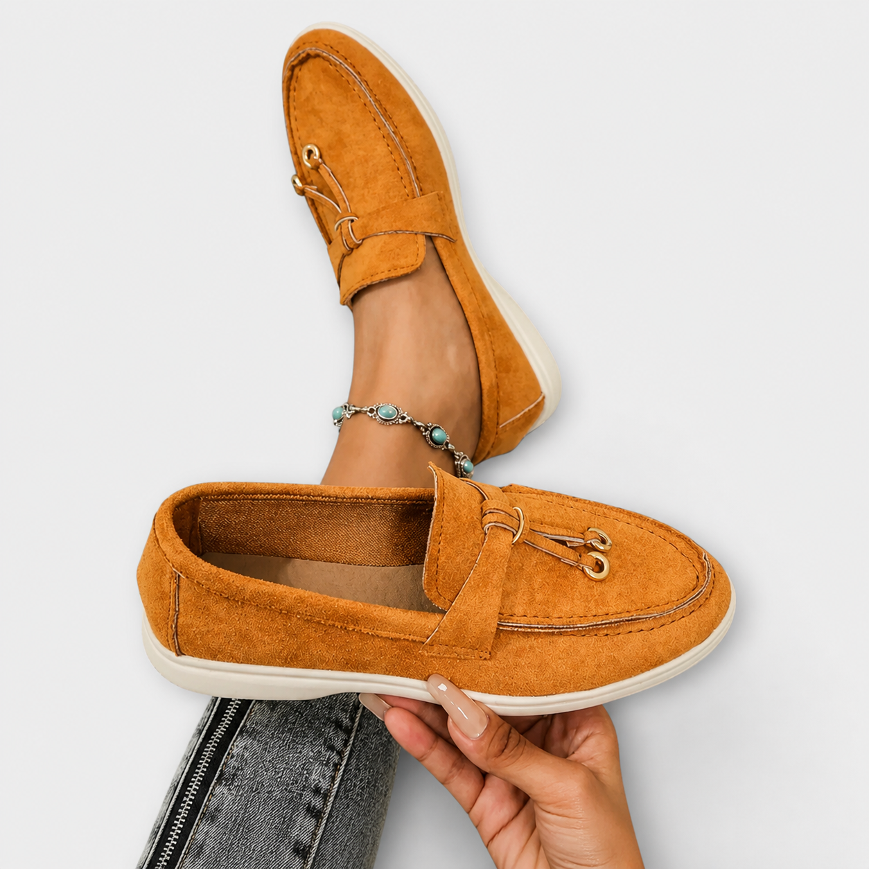 Elegant slip-on loafers shown in several neutral and colour options
