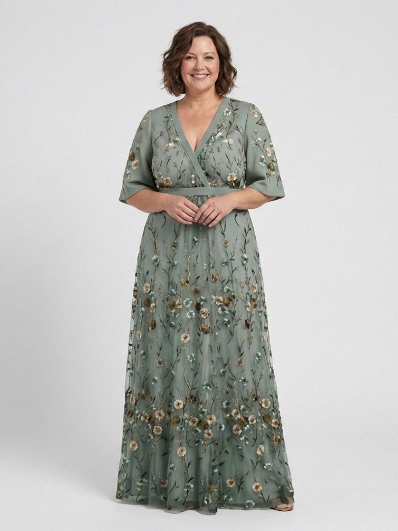 Green V-neck maxi dress with flowing floor-length skirt