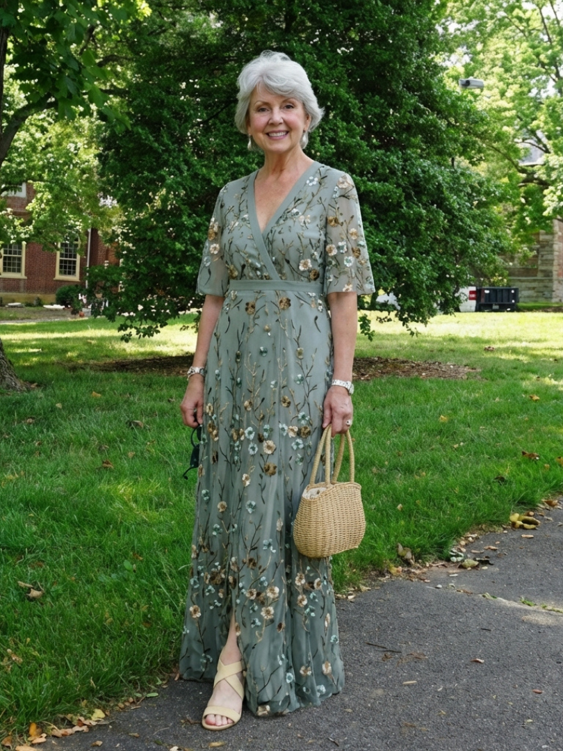 Green V-neck maxi dress with flowing floor-length skirt