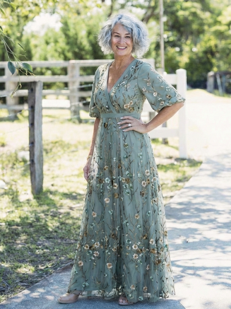 Green V-neck maxi dress with flowing floor-length skirt
