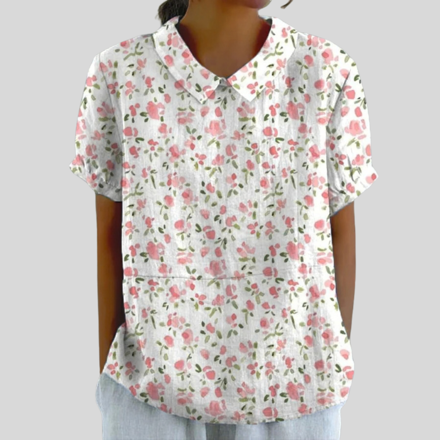 Cynthia collared floral blouse with short sleeves in a relaxed feminine fit
