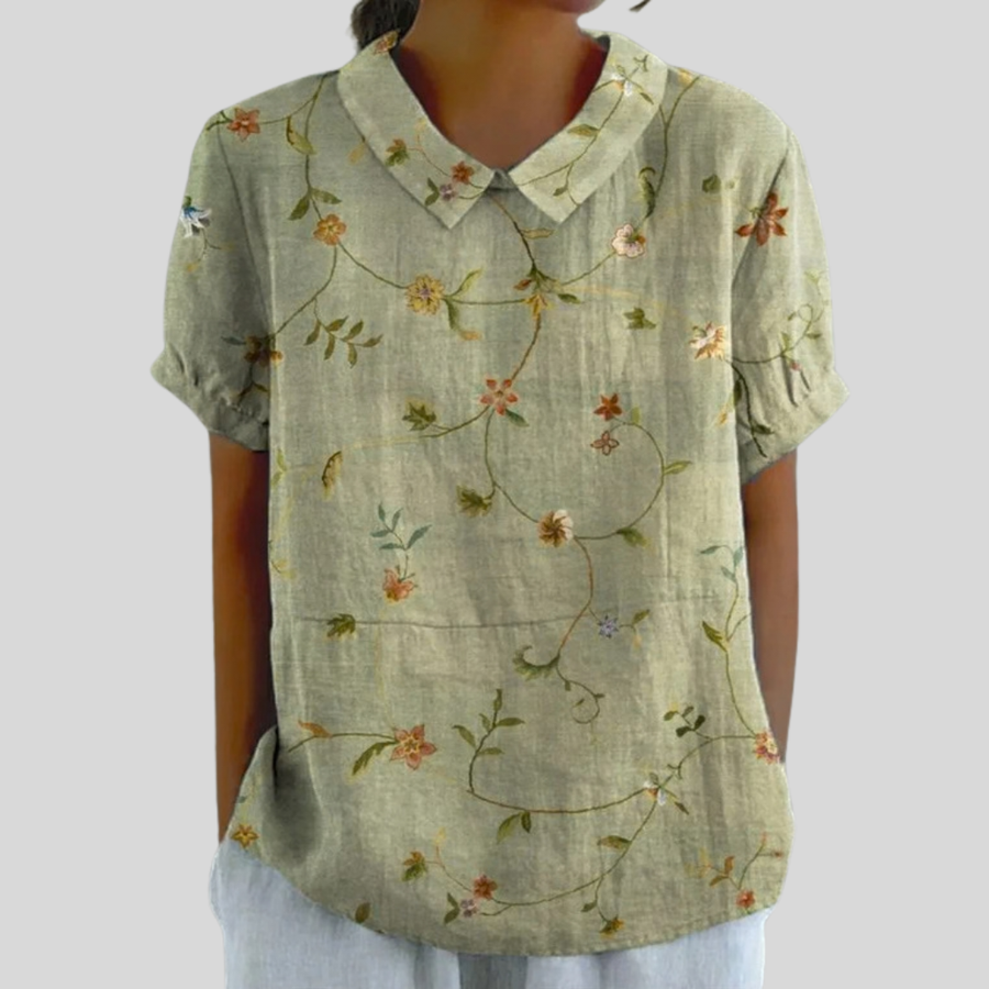 Floral print collared blouse with a softly draped, relaxed silhouette