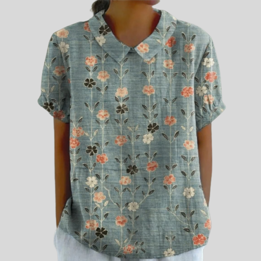 Women's floral print collared blouse with classic collar and short sleeves