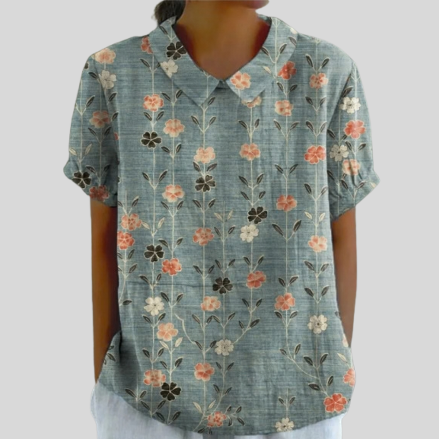 Women's floral print collared blouse with classic collar and short sleeves
