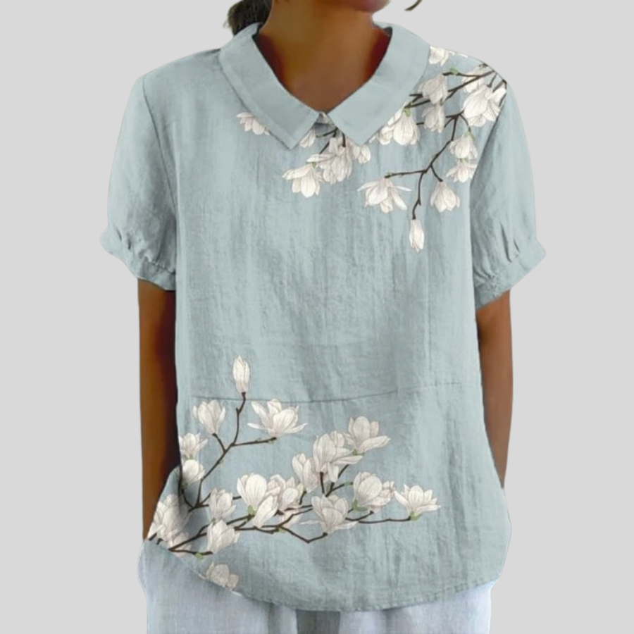 Women's floral print collared short-sleeve blouse with a relaxed, flattering fit