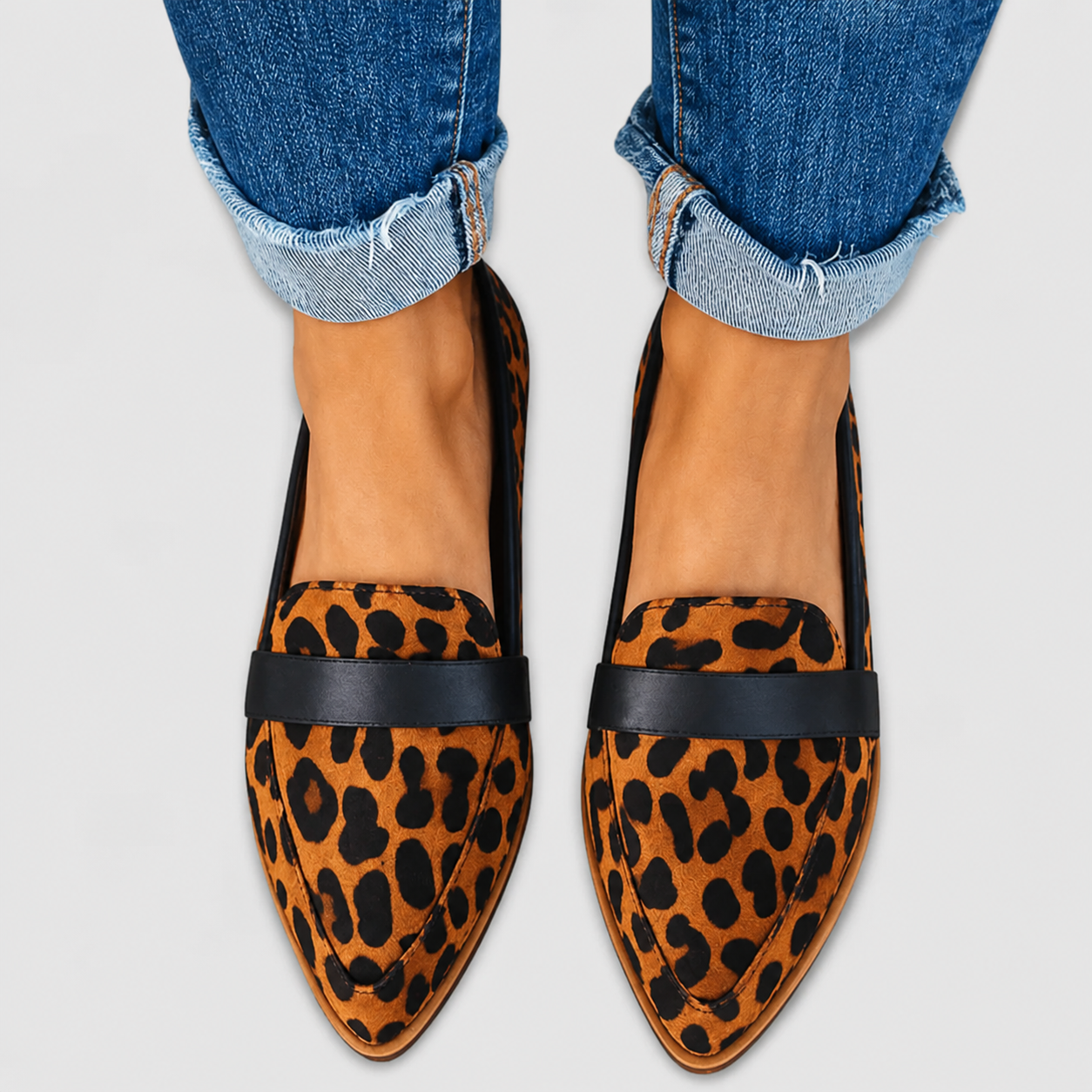 Soft cushioned slip-on loafers shown in khaki, grey, black and leopard print