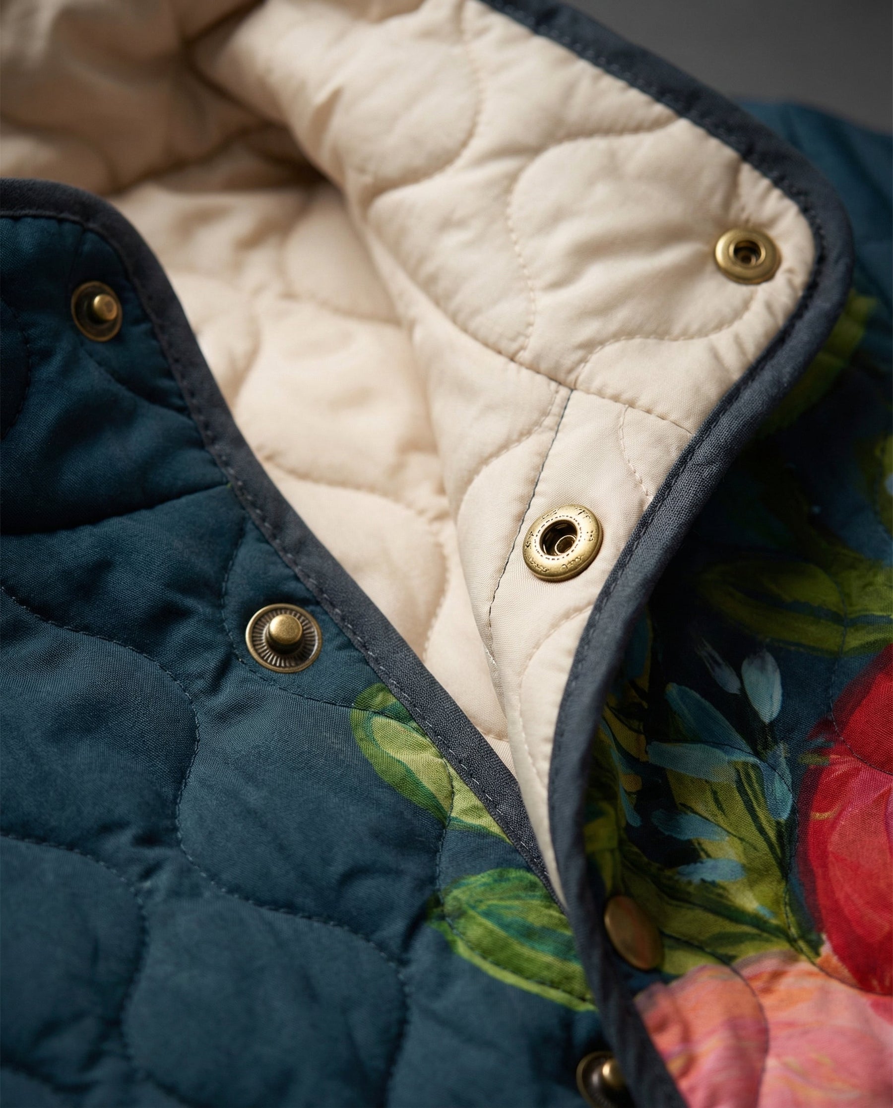 Women's vintage floral print quilted jacket in multicolor, tailored layering style