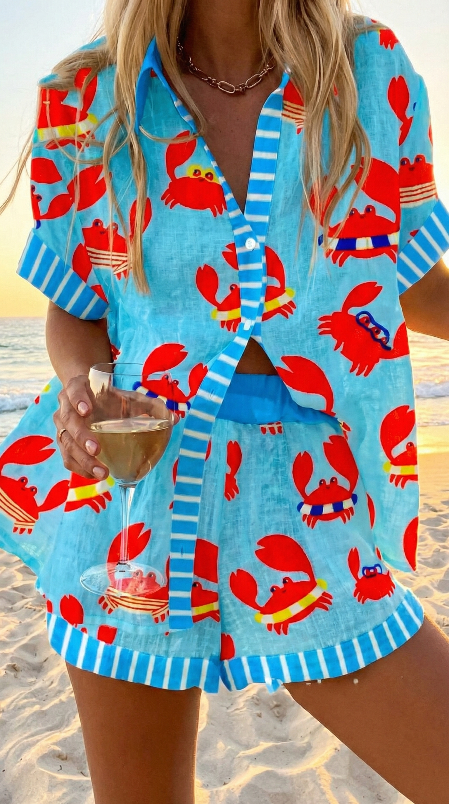 Bright blue summer co-ord set with coastal print, matching top and shorts