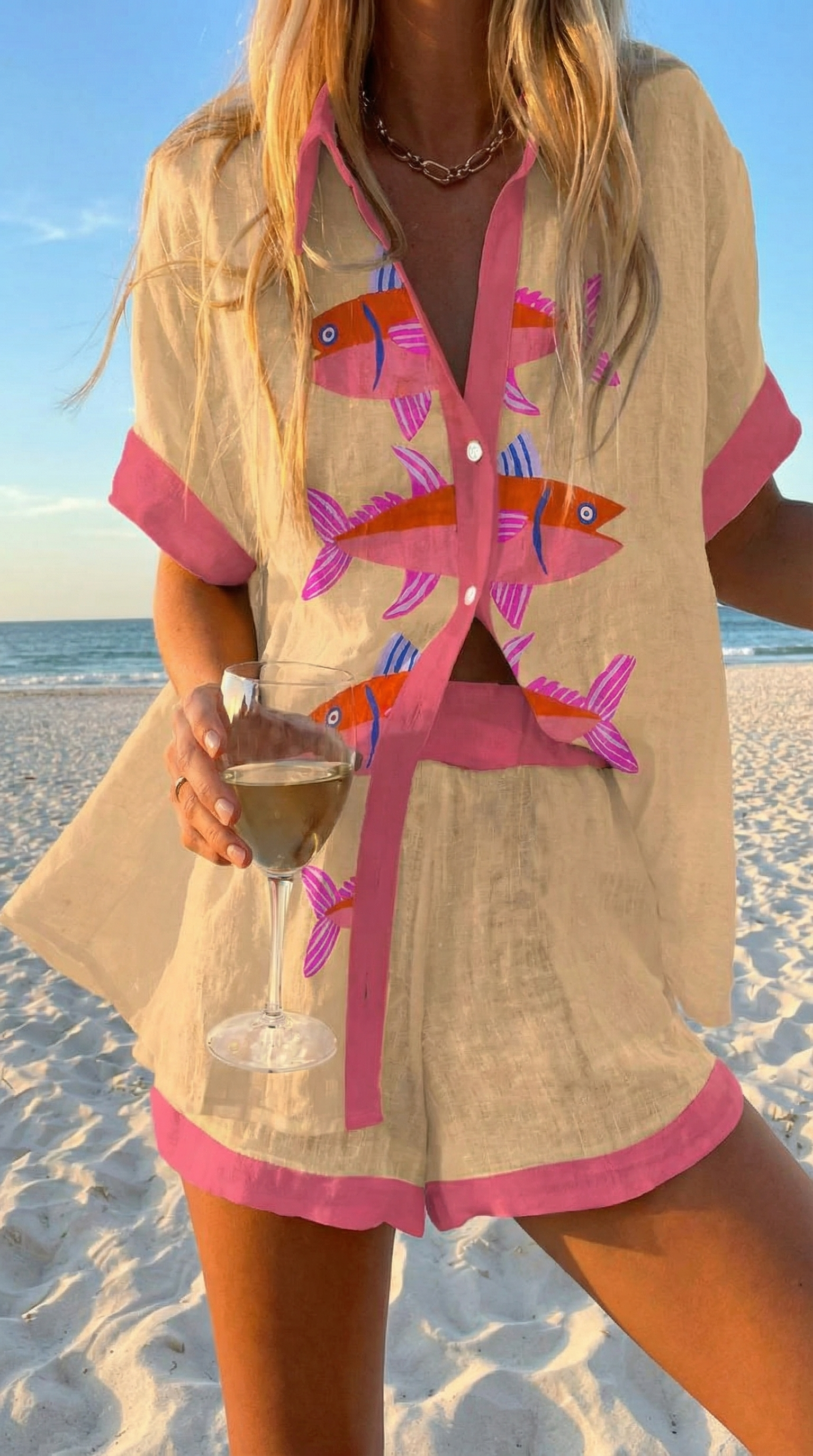 Coordinated summer set with hand-painted fish print, linen-effect fabric and fuchsia trim