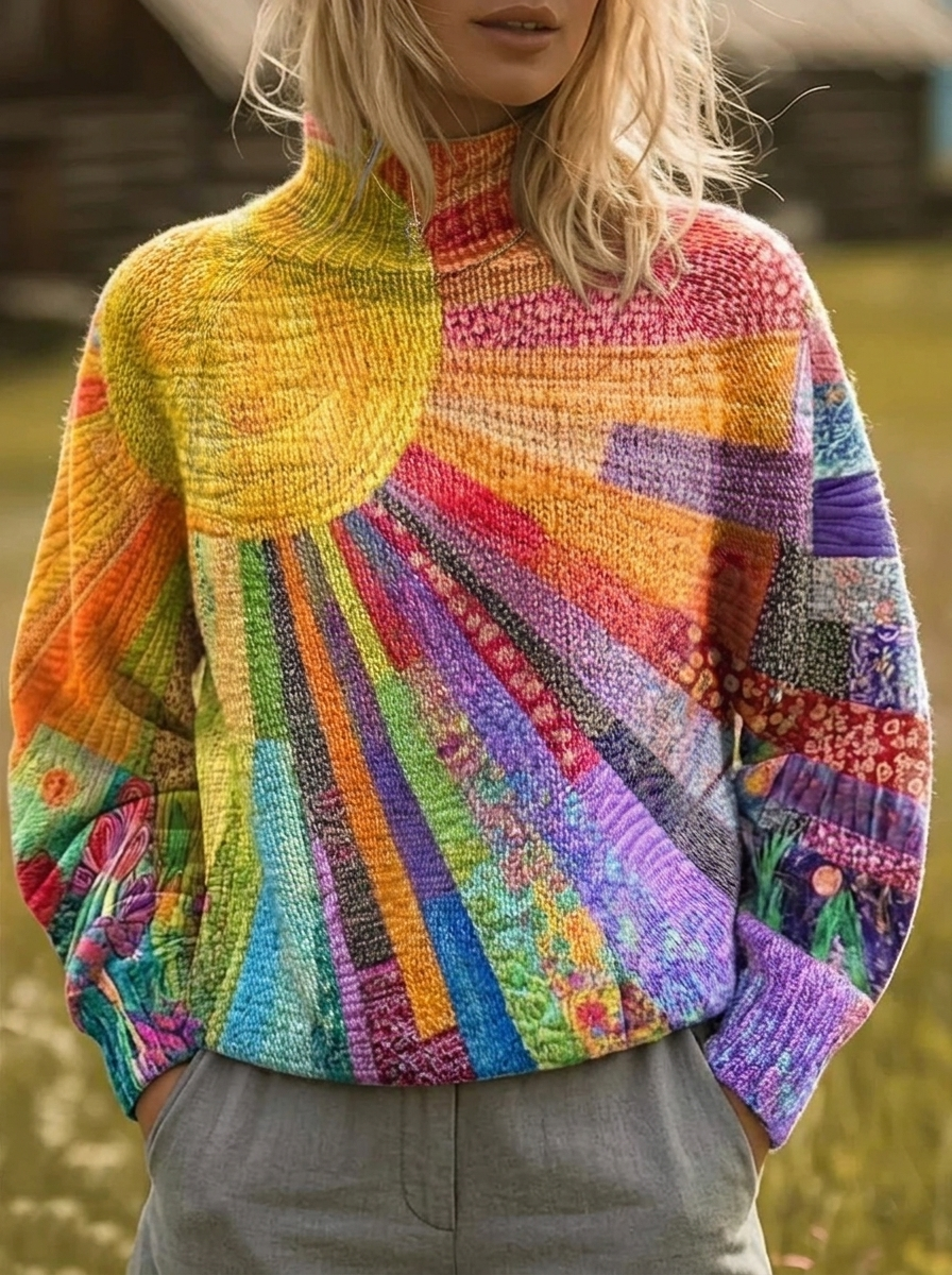 Multicolor retro sunburst print turtleneck with high collar and relaxed fit