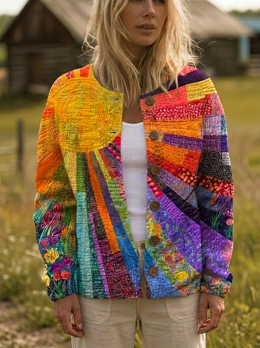 Multicolor sunburst print button-front cardigan with rounded neckline