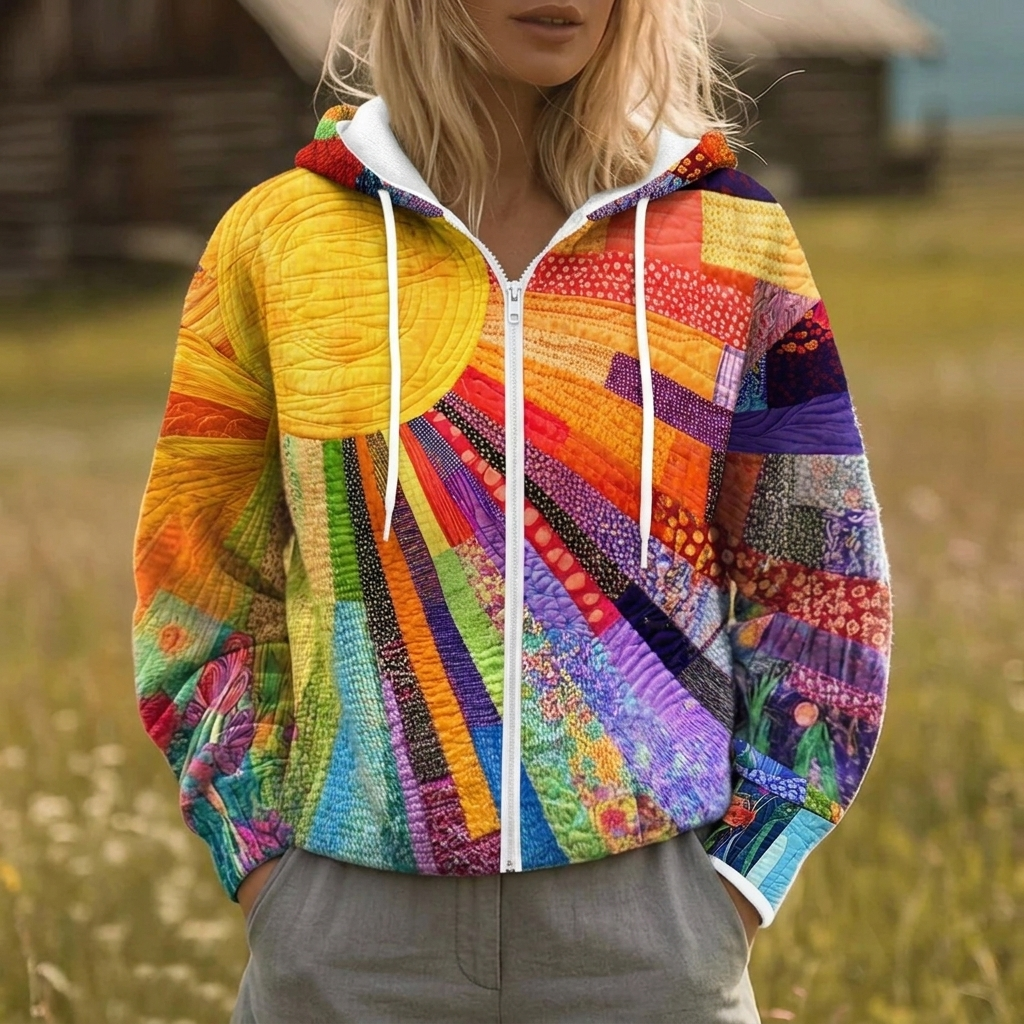 Multicolor sunburst print open-front jacket with notched collar and zippered pockets