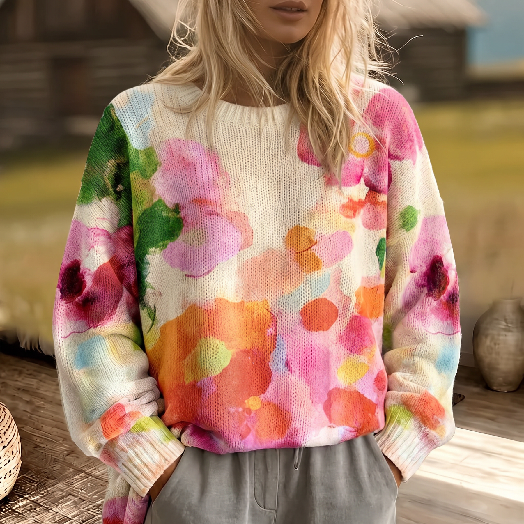 Multicolor tie-dye floral knit sweater with round neckline and long sleeves in a relaxed fit